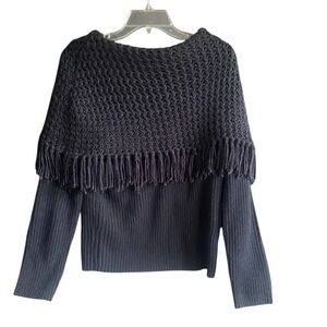 Bethany Long Sleeve Black Ribbed Sweater with Poncho Fringe. Size Large
